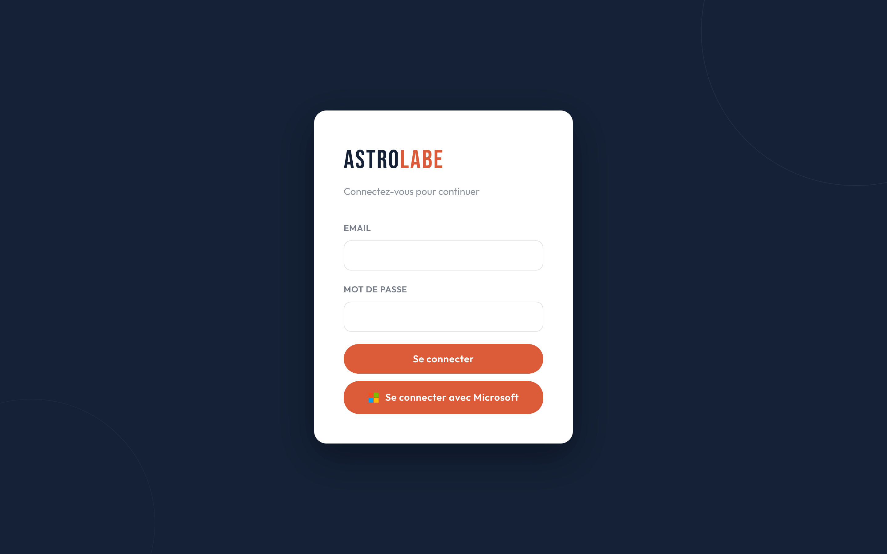 Page de connexion Astrolabe avec le bouton Se connecter avec Microsoft