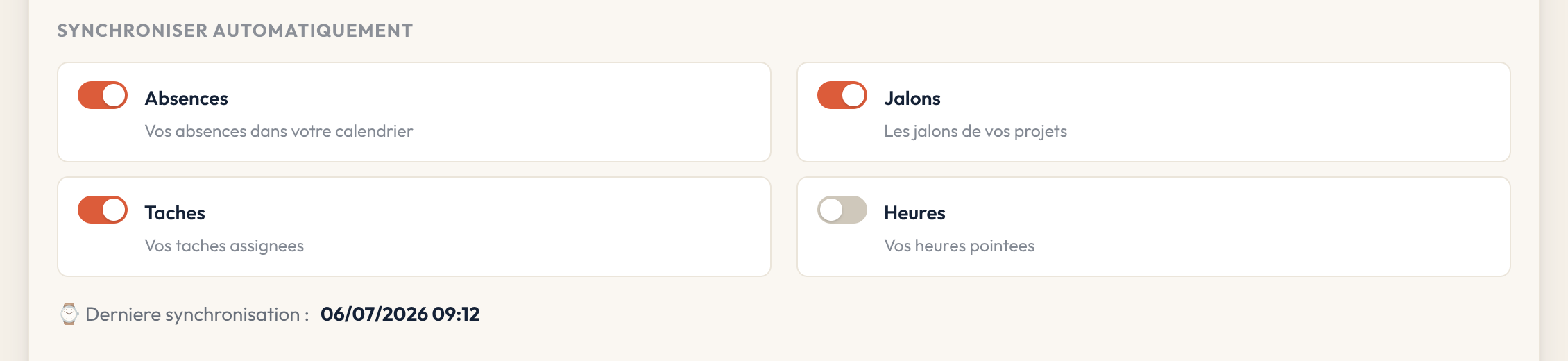 Interrupteurs de synchronisation automatique et date de dernière synchronisation